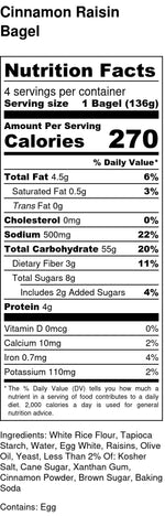 nutrition facts for gluten free and dairy free cinnamon raisin bagels contains eggs