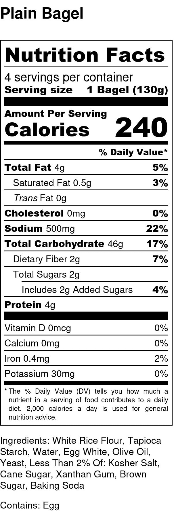 nutrition facts for gluten free and dairy free plain bagels contains eggs