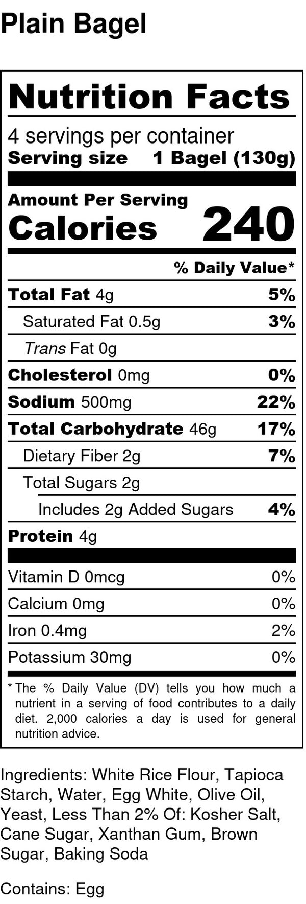 nutrition facts for gluten free and dairy free plain bagels contains eggs